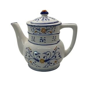 VTG Heritage Royal Sealy Tea Pot w/ lid Japan 1950s Blue White Gold Porcelain
